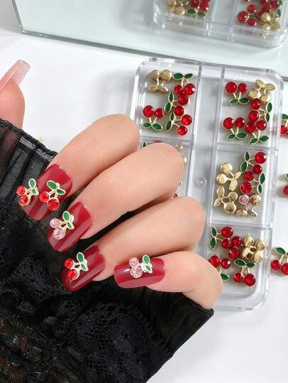 30 chiếc/6 khe cắm trang trí móng tay hình quả anh đào 3D, hợp kim kẽm đính đá đỏ hình quả anh đào, đá trang trí móng tay hình trái cây dễ thương tự làm.