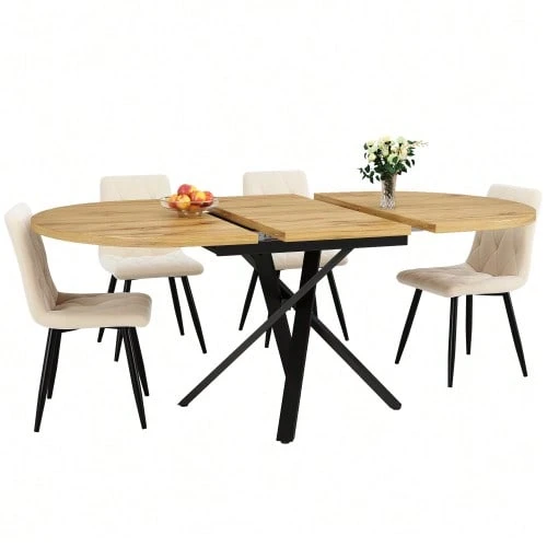 5-Piece Dining Set With Extendable Round Table (100-140 Cm) And 4 Beige Velvet Chairs: Modern Dining Table For 4-6 People With Practical Extension Function. - Natural Color - View 1