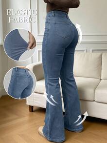 Pantalones vaqueros acampanados para mujer, de gran elasticidad, elegantes y sencillos, vaqueros clásicos de talle alto en color liso, suaves y cómodos, adecuados para todas las estaciones. - Azul - Ver 4