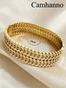 Camhanno 1pc European And American Style Engraved Wide Bracelet For Women, 304 Stainless Steel Vacuum Electroplated, Hypoallergenic, Suitable For Daily Stacking, Work Commute, Party Wear - Gold - View 3