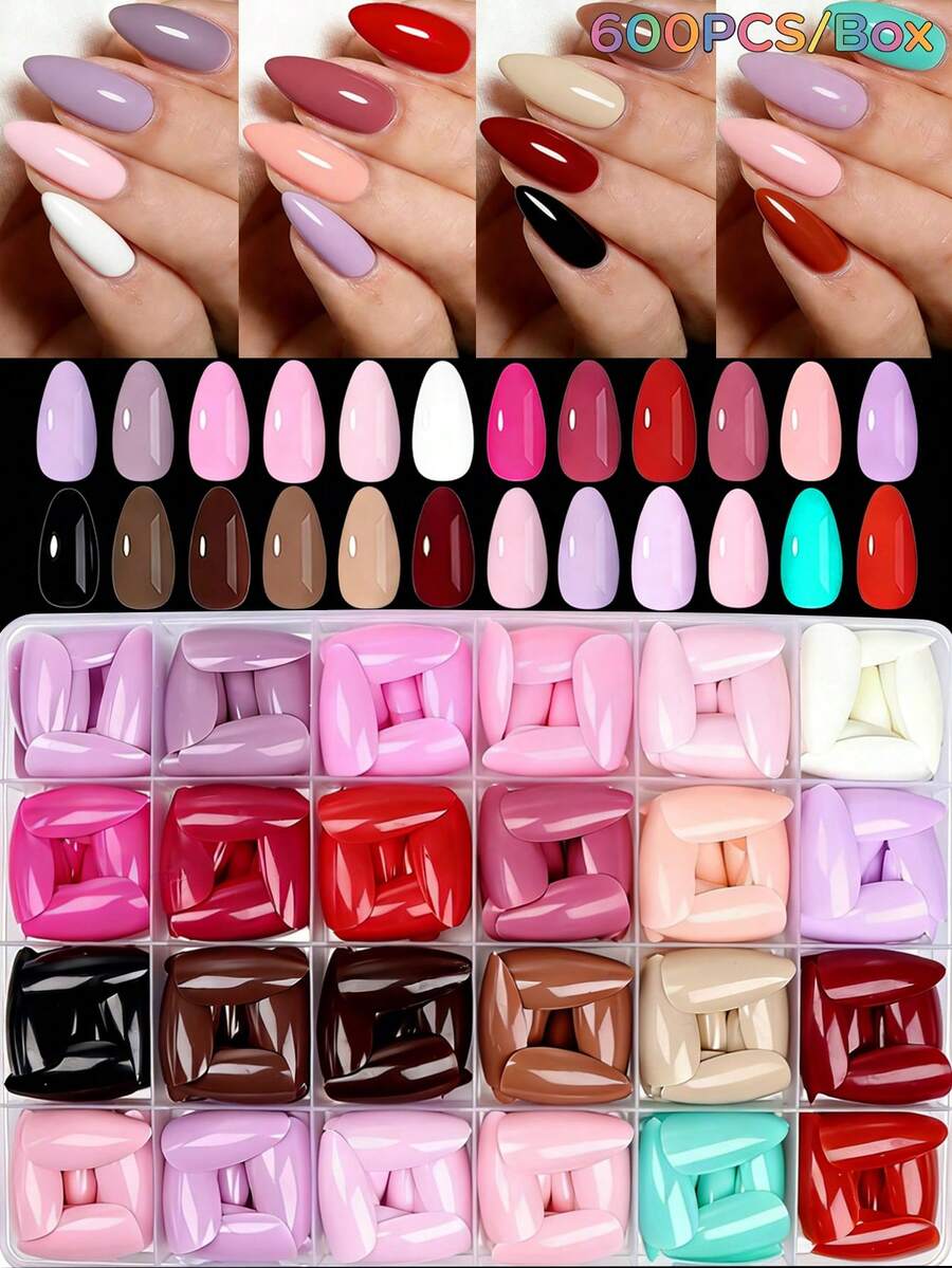 ARTAUG 600pcs Assorted Nude Series Glossy Wearable Short Almond Shaped Fake Nails, Removable, Adhesive, Suitable For New Year Women Girls Gift