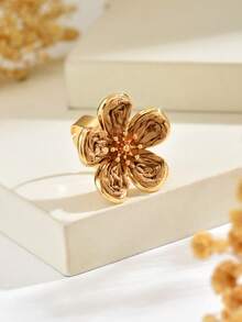 1pc Pastoral Fresh Style Raffia Flower Open Ring, Women's Versatile Khaki Jewelry For Travel And Commute - Khaki - View 3