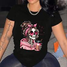 Maglietta da con stampa di ragazza con teschio, felpa rosa e caffè, design "I Am Good" per uso casual - nero - Visualizzare 3