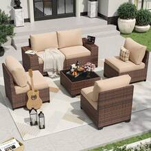 Aoxun Juego de Muebles de Patio de 6 Piezas, Mimbre de Ratán, Conjunto de Conversación para Exteriores con Mesa de Centro y Cojines de 4 Pulgadas de Grosor, Beige (Incluye Funda Impermeable) - 1 - Ver 3