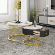 Elegant Modular Coffee Table: Marble Look, Gold Decor, Side Table With Drawers – Set Of 2 - 白色 - 查看 4