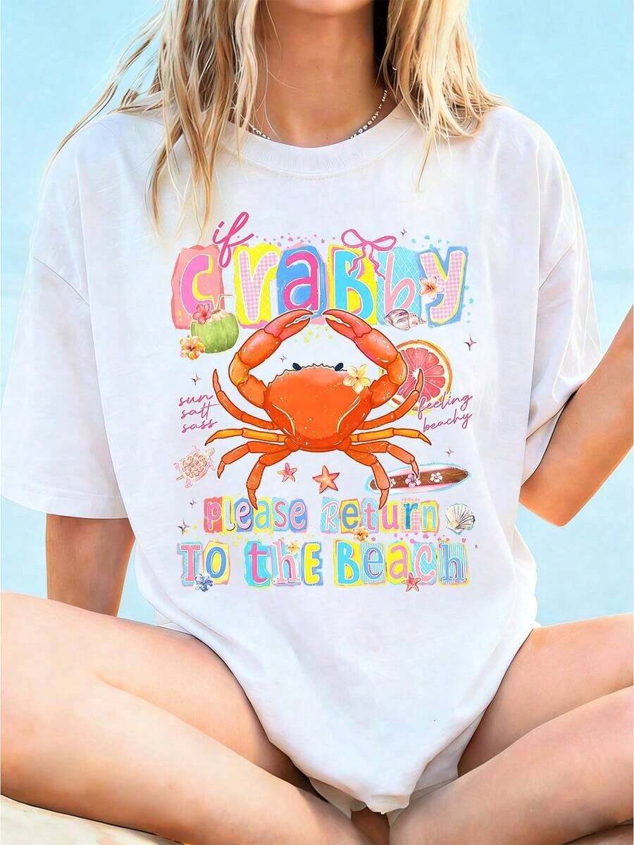 Camiseta gráfica de mujer con estampado de "Si estás de mal humor, por favor regresa a la playa", impresión a doble cara, estilo casual de verano, talla grande. |   Ropa de verano |   Ropa de Vacaciones, 100% Algodón - Blanco 3 - Ver 1