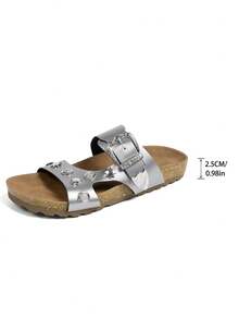 Retro Punk Style Rivet Sandals, Women's Double Strap Metal Buckle Soft Wood Bottom Outdoor Slippers, Fashionable Suitable For Daily Wear - Silver - View 7