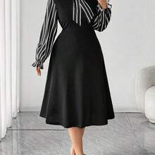 Plus Size Women's Elegant Long Sleeve Striped Waist Flared A-Line Dress, Suitable For Autumn/Winter Outings Black Dress Party - Burdeos - Ver 6