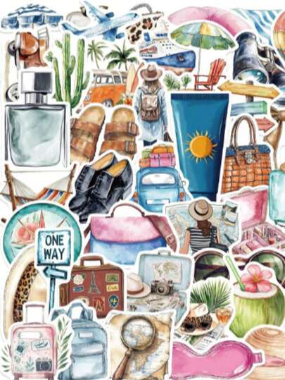 50pcs Cartoon Summer Beach Stickers, Cute & Fun Travel Stickers, Waterproof Stickers For Laptop, Phone, Car, Skateboard, Water Bottle, Planner, Notebook