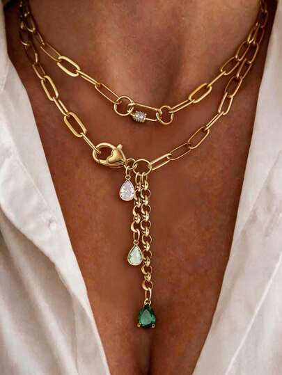 1pc Gold Heart Pendant Necklace With Green Diamond Pendant And Stainless Steel Chain, Suitable For Work, Daily Life, Party, Banquet And Ball, Unique And Luxurious Women's Necklace