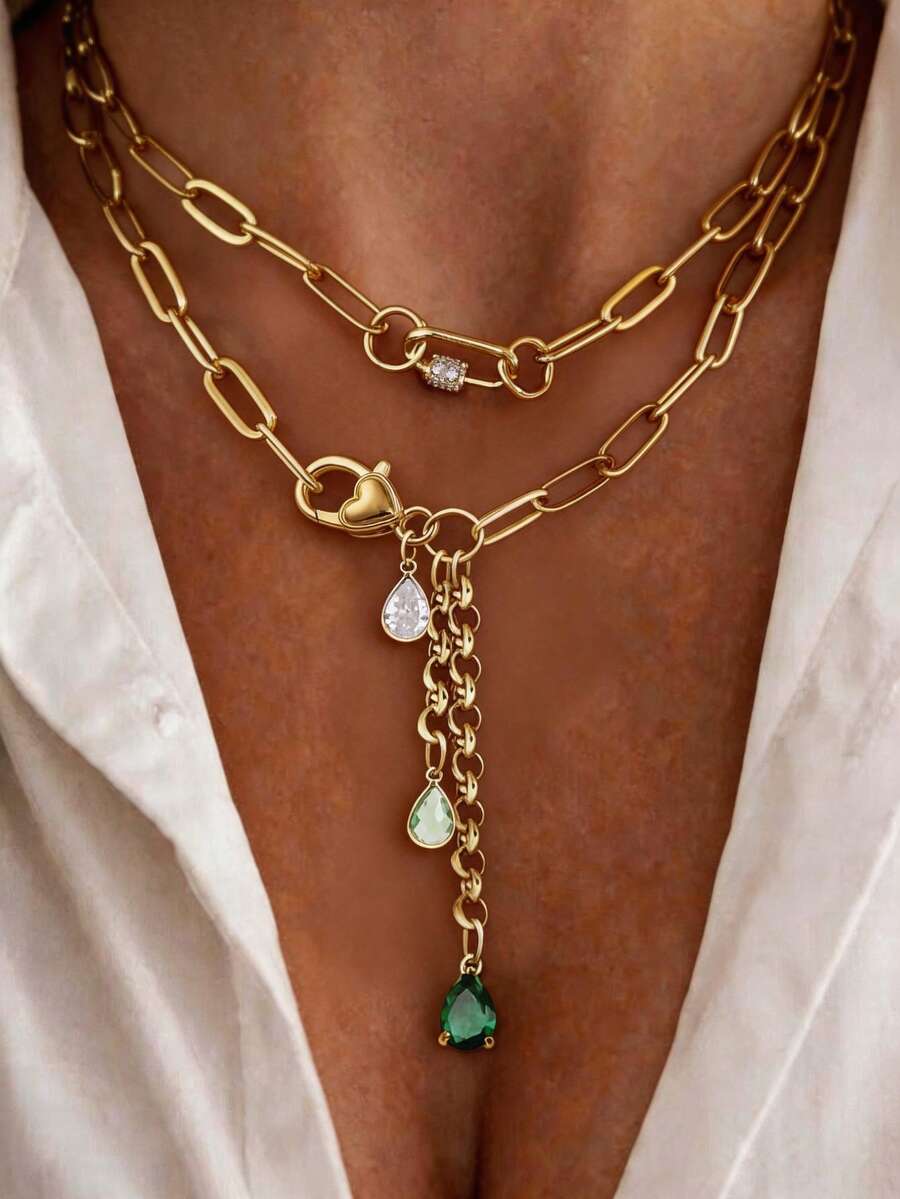 1 Stück Halskette mit goldenem Herzanhänger, grünem Diamantanhänger und Edelstahlkette, geeignet für Arbeit, Alltag, Party, Bankett und Ball, einzigartiger und luxuriöser Damenschmuck - Goldgelb - Übersicht 1