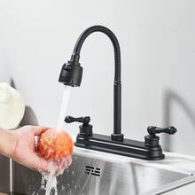 Kitchen Faucet With Sprayer, Double Handle Kitchen Faucet With Flexible Gooseneck Spout, High Pressure Matte Black Dual Function Kitchen Faucet (Brass Body, Easy Installation) - 黑色 - 查看 6