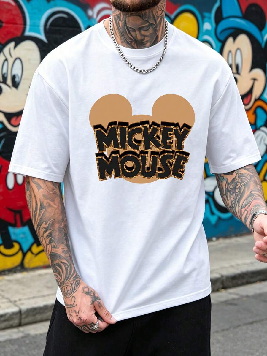 Men's Disney Mickey Mouse Leopard Print Graphic Crew Neck T-Shirt, Casual Short Sleeve Tee, Classic Character Print, Loose Fit Daily Wear Basic Top For Men - trắng - Xem 1