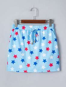 Acelitt Independence Day Women's Elegant Sky Blue American Flag & Star Print Beaded Drawstring High Waist Mini Skirt, Summer - Blue - View 3
