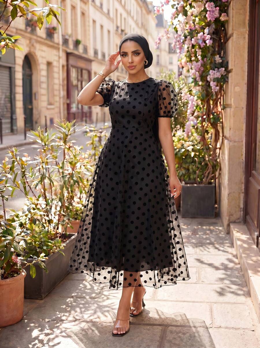 SHEIN Lady Váy midi cho nữ, trang phục công sở thường ngày cho nữ, trang phục công sở cho nữ, trang phục đi chơi cho nữ, trang phục sân bay cho nữ, trang phục du lịch, trang phục sân bay, trang phục trở lại trường, trang phục hòa nhạc đồng quê, trang phục đêm hẹn hò cho nữ - màu đen - Xem 1