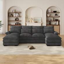 OUYESSIR Sofá Seccional en Forma de U, 132" Sofá Modular Acolchado con Doble Chaise Longue, Consola Central y Puerto USB, Cómodos Sofás Seccionales Grandes de Chenilla para Sala de Estar, Negro Oscuro - Gris Oscuro - Ver 8