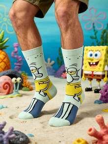 SpongeBob SquarePants 1双男士浅绿色撞色卡通章鱼印花船袜，趣味休闲，日常穿着，四季皆宜 - 彩色 - 查看 2