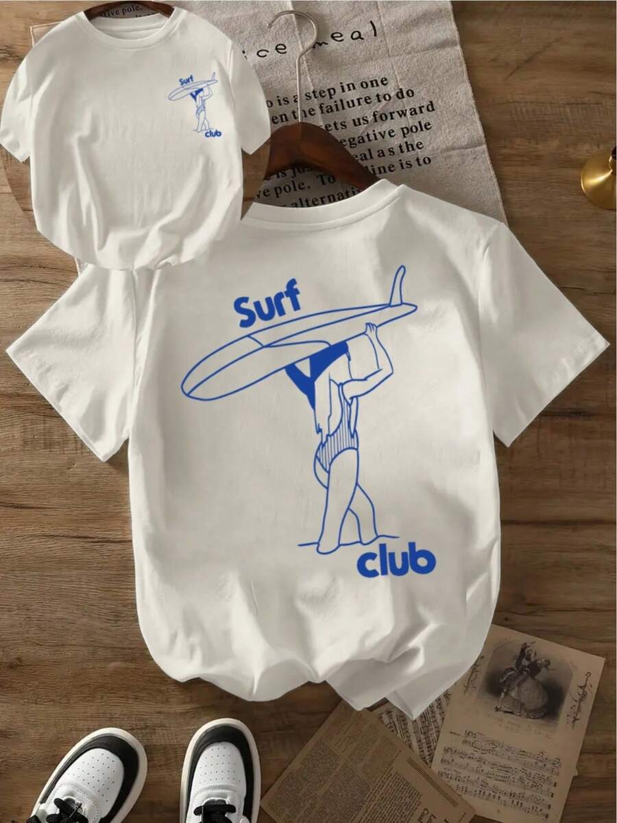 Women's Surf Club Graphic T-Shirt - Double-Sided Surfboard And Surfer Print, 100% Lightweight 180gsm Polyester, Relaxed Fit, Crew Neck, Casual Top For Summer And Spring, Machine Washable. - White - View 1