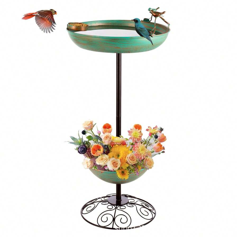 Retro Metal Bird Bath & Feeder 2-In-1, Freestanding Pedestal Birdbath With Hummingbird Decor, Vintage Garden Decor For Outdoor Yard Patio, Copper Green Finish