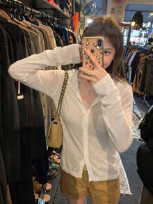 Áo khoác cardigan dệt kim dài tay mỏng nhẹ dành cho nữ | Áo len có mũ trùm đầu bằng ren họa tiết Hàn Quốc với chi tiết xuyên thấu, dáng rộng, dễ phối đồ, dễ tạo phong cách hàng ngày, thích hợp cho mùa xuân/hè. - trắng - Xem 2