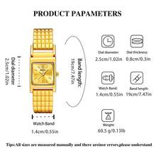 Marca YaLaLuSi: Un elegante reloj de cuarzo para damas con una refinada esfera cuadrada. El reloj presenta una pulsera de metal a cuadros compuesta por eslabones cuadrados ordenados que hacen eco de las líneas audaces de la caja, otorgándole una textura vintage de "pepita de oro". - Dorado - Ver 3