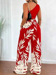 Set de 2 piezas con top de un hombro con cinturón ajustado y estampado y pantalones rectos para mujer - Rojo - Ver 2