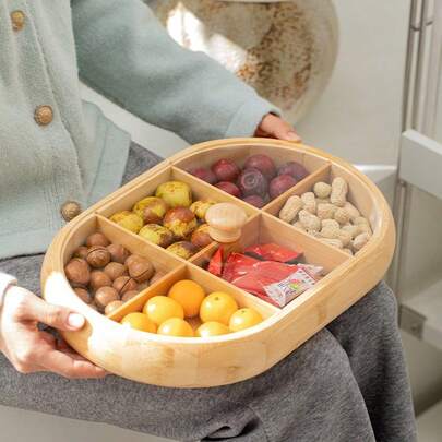 Plato de frutas de bambú, bandeja de servir decorativa con compartimentos, plato divisor redondo de postre, plato de frutas multifuncional para decoración de mesa de comedor, uso doméstico y de cocina, caja de almacenamiento sellada con tapa, bandeja de té, plato de frutas de alta gama con tapa y compartimentos, plato de color natural para aperitivos, dulces y frutos secos, caja decorativa para mesa de té de la sala de estar, caja de almacenamiento de joyas y cosméticos, artículo esencial práctico para el hogar