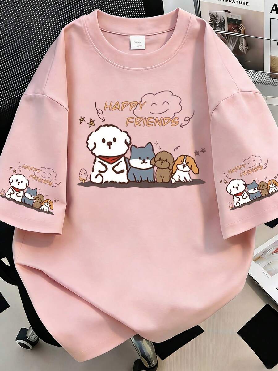 Áo thun cổ tròn in chữ hình cún con và đám mây dễ thương, kiểu dáng tối giản thường ngày cho mùa hè, tay áo in họa tiết, thích hợp mặc hàng ngày, màu hồng đi biển. - Hồng - Xem 1