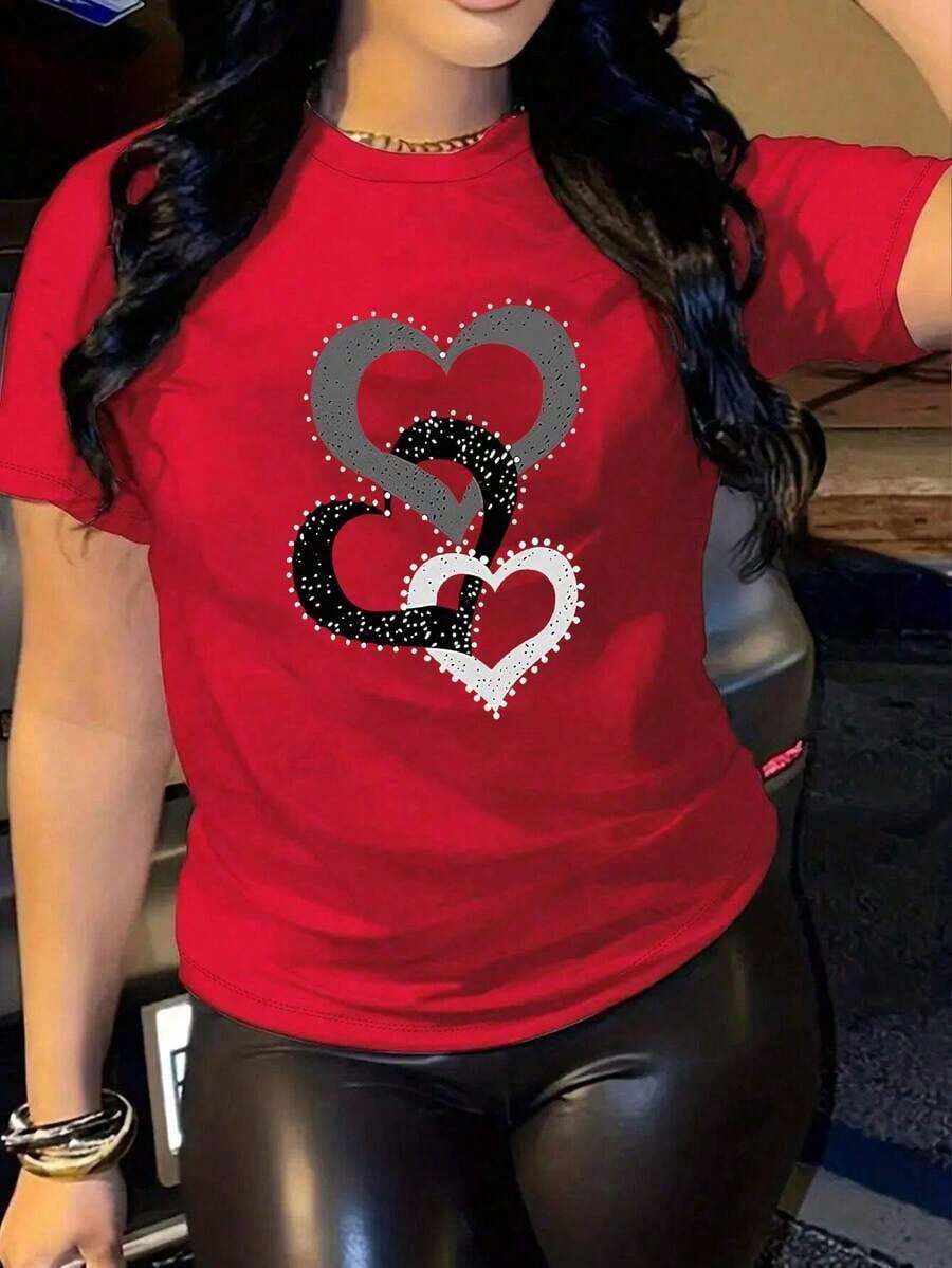 Camiseta Casual de Manga Corta con Estampado de Corazón para Mujer, Estilo Bohemio, Ideal para Verano, Estampado Gráfico, Camiseta de Verano, Camiseta para Mujer, Top, Top de Verano, Ropa de Vacaciones, Equipamiento de Viaje, Estilo de Playa, Ropa Minimalista para Resort, Rojo, Camiseta de Algodón - Rojo - Ver 1