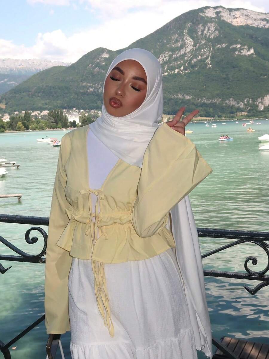 1pc Women's Minimalist Classic Solid Color Elegant Casual Fringe Scarf, Premium Knit Fabric Viscose Jersey Hijabs Scarf, Long Turban Style Headscarf, Suitable For Daily Life, Outings And Gatherings - White - View 1
