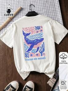 Plus-Size Women's Casual Whale Print 100% Cotton Short-Sleeved Top, Graphic T-Shirt, Soft Fabric, Cotton Clothing, Outdoor Wear, Printed Pattern, Summer T-Shirt, Women's T-Shirt, Blouse, Summer Top, Vacation Outfit, Travel Style, Beach Flair, Minimalist Resort Wear, White - White - View 2