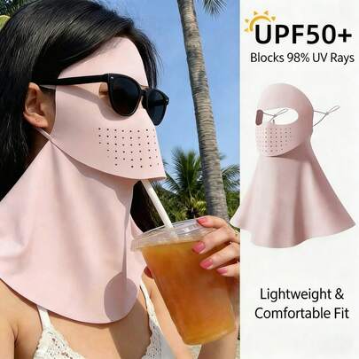 1pc Light Gray/Pink Ice Silk Full Face Sun Protection Mask, Long Neck Cover, UPF50+ UV Protection, Breathable Face Mask For Outdoor Sports, Riding, Driving, Summer Sun Protection