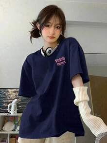 女士宽松圆领短袖兔子图案及字母卡通印花T恤，春夏款 - 藏蓝色 - 查看 5