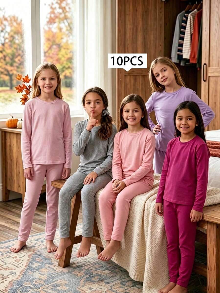 10pcs Girl Suit Casual Solid Color Simple Long-Sleeved Round Neck Top And Leggings Suit, Knitted Fabric Style Casual And Simple. Any Scene - Multicolor - View 1