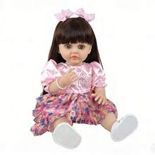 Uma Boneca Reborn Realista com Cabelo Longo de 22 Polegadas e Vestido Rosa, o Presente de Aniversário Perfeito para Brincar de Faz de Conta, Bonecas de Vinil - Rosa chiclete - Visão 6