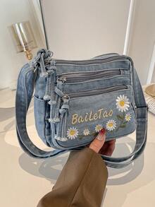 Mini Fashionable Floral Embroidered Jeans Multi-Pocket Crossbody Bag – Versatile Women's Shoulder Bag, Small Jeans Bag, Mom Bag With Adjustable Strap - Blue - View 5