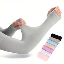 Long Solid Color Arm Sleeves, Multi-Color Options, Anti-Slip Design, UV Protection, Breathable High Elasticity, Satin-Like Fabric; Versatile For All Seasons, Suitable For Outdoor, Travel, Cycling, Driving Sun Protection In Spring/Summer, Also Can Be Used As Arm Warmer In Autumn/Winter - A - View 1