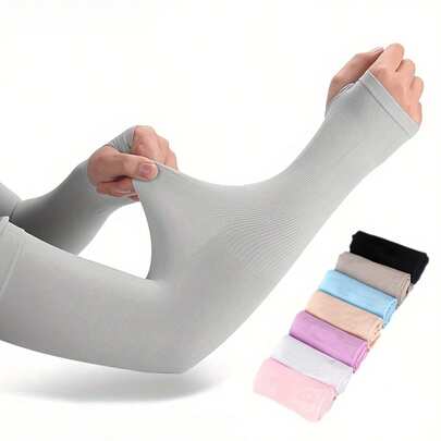 Long Solid Color Arm Sleeves, Multi-Color Options, Anti-Slip Design, UV Protection, Breathable High Elasticity, Satin-Like Fabric; Versatile For All Seasons, Suitable For Outdoor, Travel, Cycling, Driving Sun Protection In Spring/Summer, Also Can Be Used As Arm Warmer In Autumn/Winter