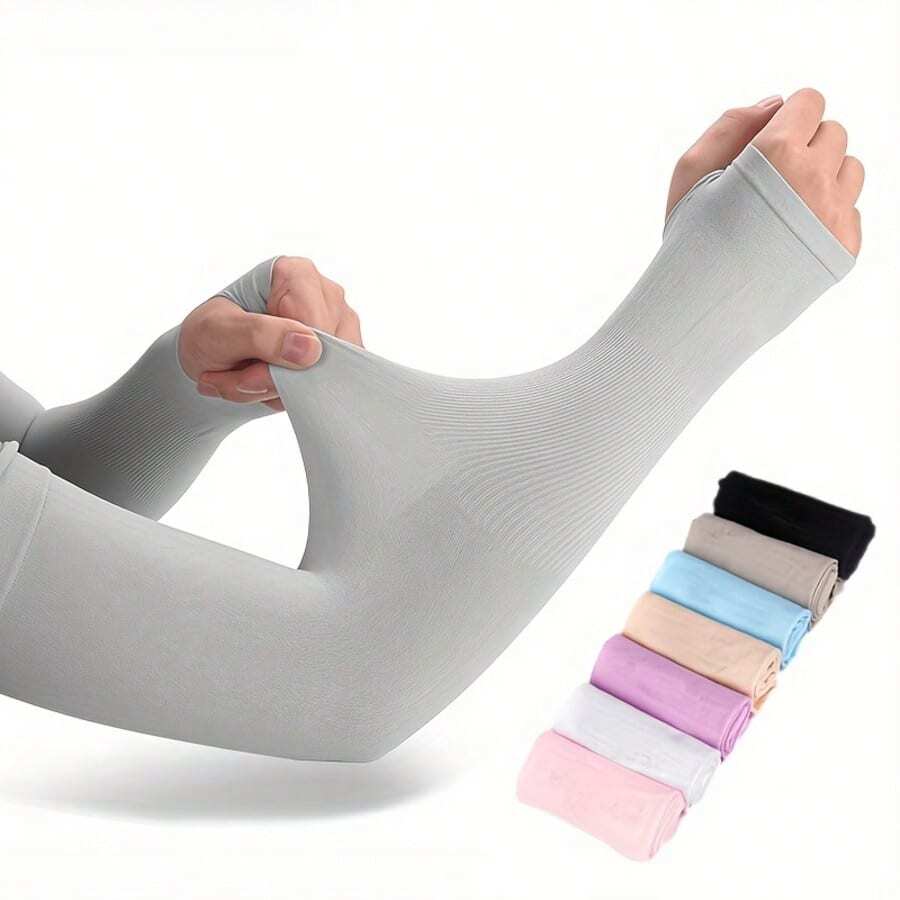 Long Solid Color Arm Sleeves, Multi-Color Options, Anti-Slip Design, UV Protection, Breathable High Elasticity, Satin-Like Fabric; Versatile For All Seasons, Suitable For Outdoor, Travel, Cycling, Driving Sun Protection In Spring/Summer, Also Can Be Used As Arm Warmer In Autumn/Winter - A - View 1