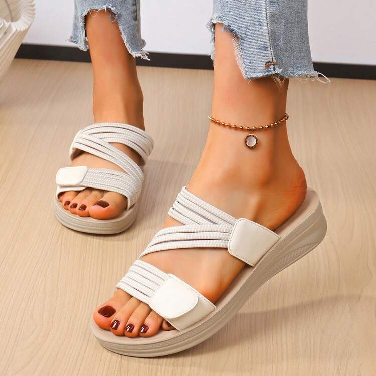 1 Pair Tropical Print Beach Hook And Loop Massage Walking Slides, Commuting Slippers For Summer Party - Beige - View 12