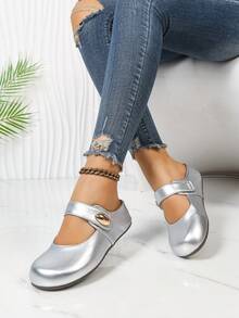 Giày lười da kiểu dáng retro mới, đế dày, mũi tròn, khóa cài, kiểu dáng suông, đế mềm mại, thoải mái cho kỳ nghỉ, đi làm. - Bạc - Xem 3