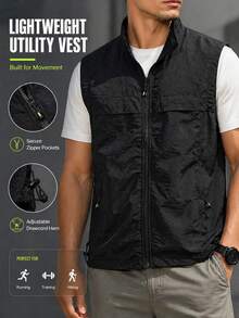 Men's Stand Collar Sleeveless Vest Jacket, Lightweight Insulating Outerwear, Soft Nylon Material, Zipper Pockets, Comfortable Fit, Perfect For Layering Sports - Black - View 6