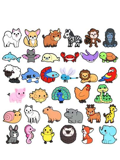 37pcs Cartoon Animal World Series Hole Decor Phone Case Brooch PVC Soft Sticker Cute DIY Jewelry Accessories