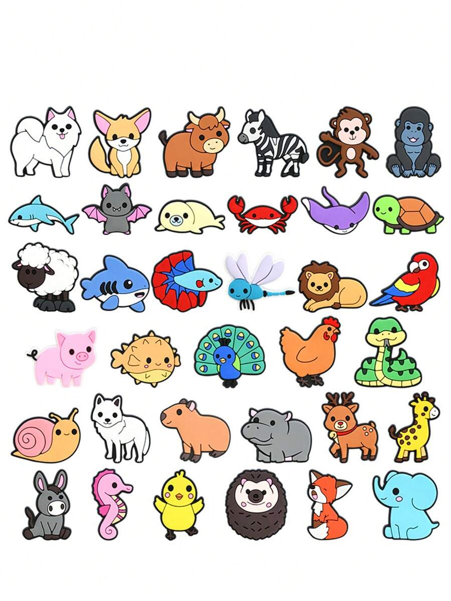 37pcs Cartoon Animal World Series Hole Decor Phone Case Brooch PVC Soft Sticker Cute DIY Jewelry Accessories - Multicolor - View 1
