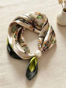 1PC Premium Large Pearl (2.5CM Diameter) Magnetic Buckle Neck Ring Scarf, Vintage Slouchy Necklace Style Printed Silk Scarf, Lightweight Versatile Accessory, Shirt Professional Decor Thin Scarf Fake Collar. - Multicolor - View 8