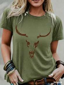 Bullhead Pattern T-Shirt - A Cutting-Edge Choice For Festival Enthusiasts And Bohemian Style Lovers - Fashionable Cowgirl Vibe - Soft Pure Cotton Material New Casual T-Shirts For Men And Women - 綠色 - 查看 3
