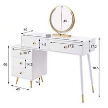 Sminkbord, sminkbordsset med spegel, justerbart sidoskåp och utdragbar design. Mått: B100/H78/D40 cm (utan pall) - Vitt - Visa 4