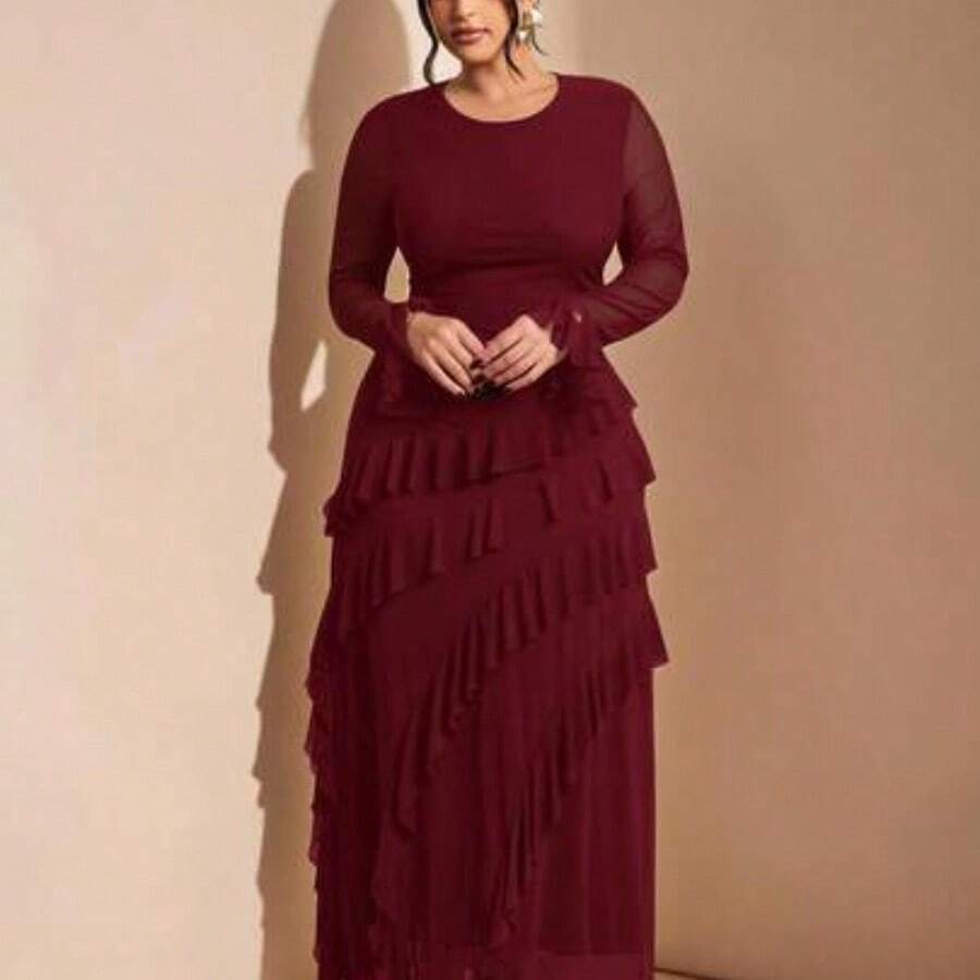 Plus Size Women's Elegant Flare Sleeve Long Dress With Ruffle Hem, Autumn/Winter/Christmas Dress,Formal Dresses For Women,Wedding Guest Dress Women,Dress Plus Size Woman,Dresses Casual,New Years Outfit Women,Plus Size Woman Dresses,Christmas Outfit Women,Dresses Casual,Gown For Women Elegant,Birthday Dress,Sexy,Wedding,Thanksgiving
,Brown Dress - Burdeos - Ver 1