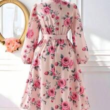 Rometta Plus Size Women's Vintage French Rose Print Dress, V-Neck Waist Cinched Slimming Long Sleeve Midi Dress, Loose Fit Flattering Commute & Date Dress Flower Dress Feminine Dress Floral Dress Rose Dress  Floral Dress Women Elegant French Style Dress - Amarillo - Ver 3
