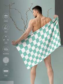 1pc Checkered Print Beach Towel, Large Size, Soft & Absorbent Striped Beach Bath Towel, Suitable For Travel, Vacation, Sports, Bathroom, Swimming Pool And Camping, Highly Absorbent Material - Mint Green - View 7